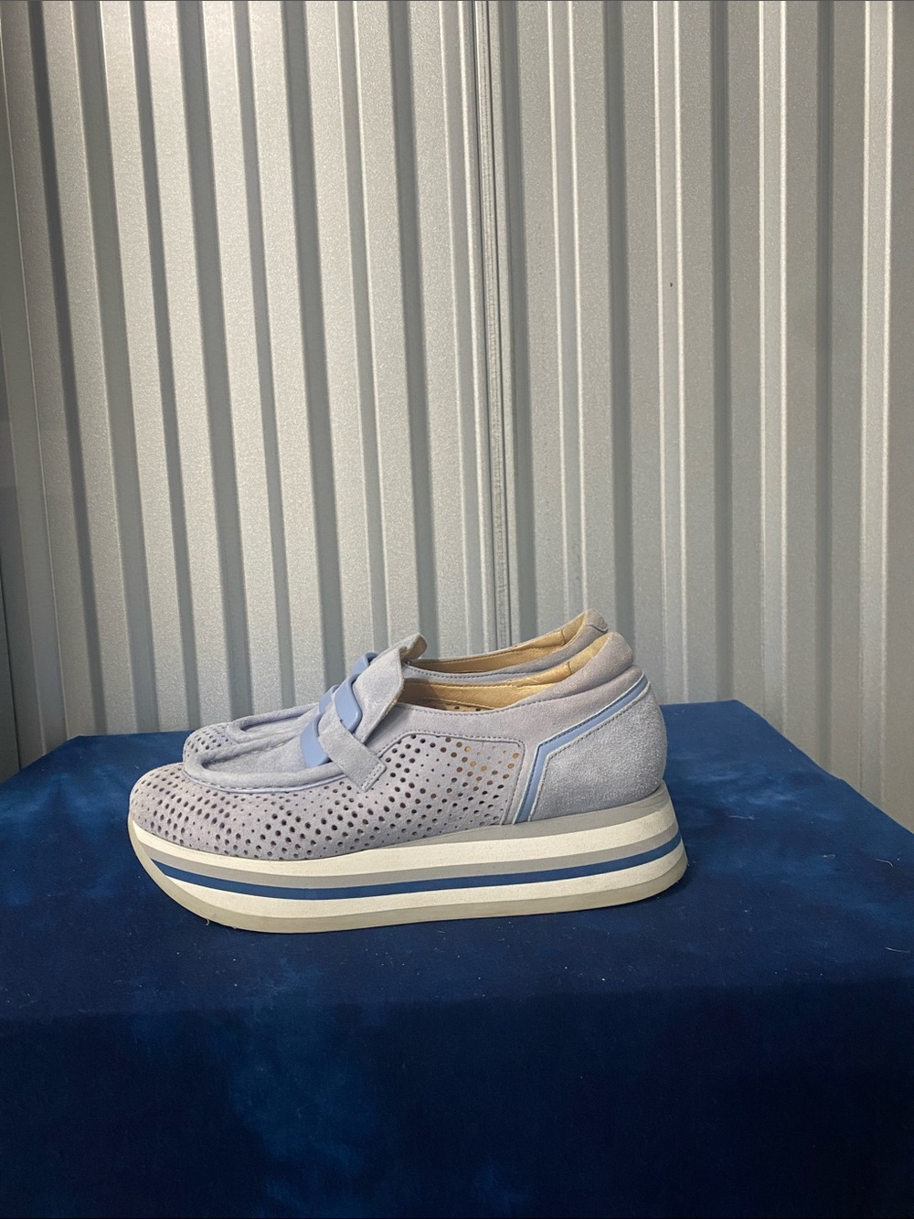 Softwaves Perforated Suede Platform Loafers in Pale Blue